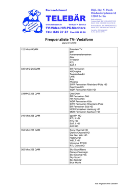 Frequenzliste TV- Vodafone Stand 01.2019