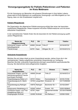 Versorgungsangebote Für Palliativ-Patientinnen Und Patienten Im Kreis Mettmann