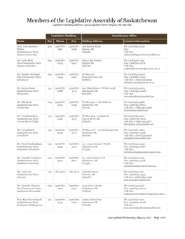 Members of the Legislative Assembly of Saskatchewan Legislative Building Address: 2405 Legislative Drive, Regina, SK, S4S 0B3