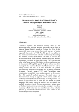 Deconstructive Analysis of Raheel Sharif's Defence Day Speech (6Th