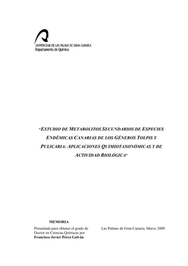 Endémicas Canarias De Los Géneros Tolpis Y Pulicaria: Aplicaciones Quimiotaxonómicas Y De