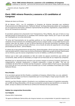 Perú: ONG Minera Financia Y Asesora a 22 Candidatos Al Congreso Published on Servindi - Servicios De Comunicación Intercultural (