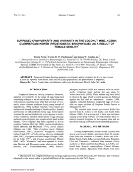 Supposed Ovoviviparity and Viviparity in the Coconut Mite, Aceria Guerreronis Keifer (Prostigmata: Eriophyidae), As a Result of Female Senility