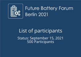 List of Participants Status: September 15, 2021 500 Participants Attendees' Geographical Distribution 40 Countries Company Name Job Title Country/Region A