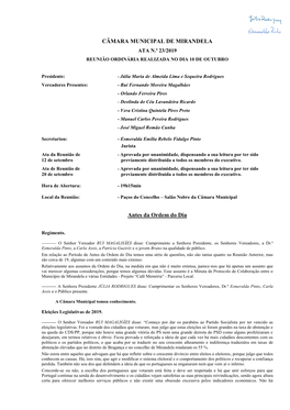 Câmara Municipal De Mirandela Ata N.º 23/2019 Reunião Ordinária Realizada No Dia 10 De Outubro