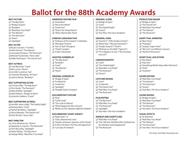 Ballot for the 88Th Academy Awards