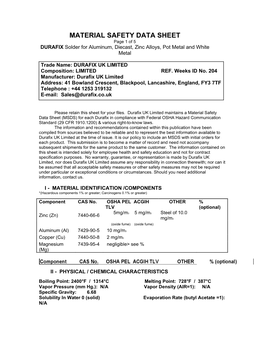 MATERIAL SAFETY DATA SHEET Page 1 of 5 DURAFIX Solder for Aluminum, Diecast, Zinc Alloys, Pot Metal and White Metal