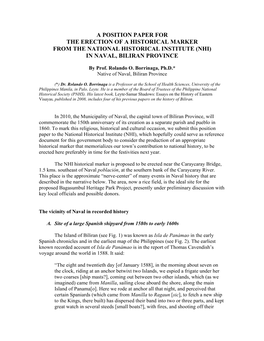 A Position Paper for the Erection of a Historical Marker from the National Historical Institute (Nhi) in Naval, Biliran Province