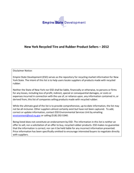 New York Recycled Tire and Rubber Product Sellers – 2012