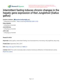 Intermittent Fasting Induces Chronic Changes in the Hepatic Gene Expression of Red Junglefowl (Gallus Gallus)