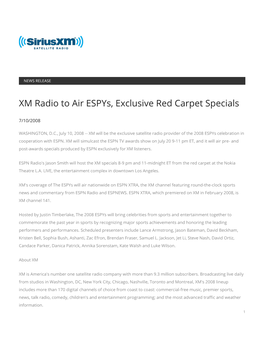 XM Radio to Air Espys, Exclusive Red Carpet Specials