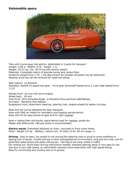 Velomobile Specs