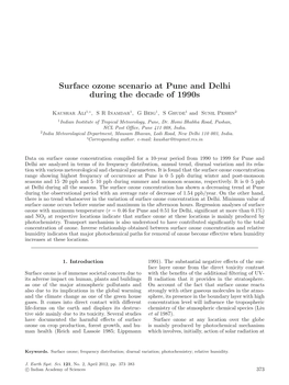Surface Ozone Scenario at Pune and Delhi During the Decade of 1990S