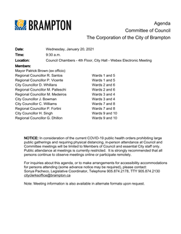 Agenda Committee of Council the Corporation of the City of Brampton