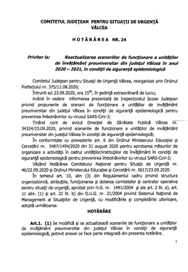 H.C.J.S.U. Nr. 24 Din 23.09.2020 Privitoare La Reactualizarea Scenariilor De Funcționare a Unităților De Învățământ