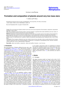 Formation and Composition of Planets Around Very Low Mass Stars Y