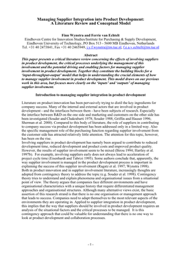 Managing Supplier Integration Into Product Development: a Literature Review and Conceptual Model