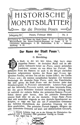 HISTORISCHE MONATS BLÄTTER I=0 ==- Für Die Provinz Posen - = 0 ^