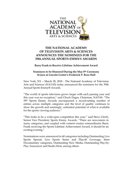 THE NATIONAL ACADEMY of TELEVISION ARTS & SCIENCES ANNOUNCES the NOMINEES for the 39Thannual SPORTS EMMY® AWARDS