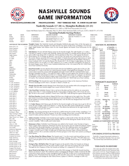 Nashville Sounds Game Information @Nashvillesounds First Tennessee Park 19 Junior Gilliam Way Nashville, TN 37219 Nashville Sounds (17-28) Vs