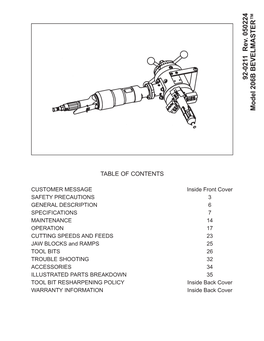 92-0211 Rev. 050224 Model 206B BEVELMASTER™ Copyright 2005 Proprietary Property of TRI TOOL Inc