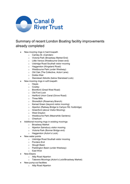 Summary of Recent London Boating Facility Improvements Already Completed