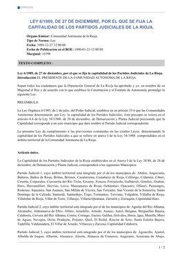 Ley 6/1989, De 27 De Diciembre, Por El Que Se Fija La Capitalidad De Los Partidos Judiciales De La Rioja