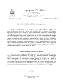 PAS Lunch and Learn Series Sep 30, 2020 Survival of the Soul: Jewish Texts and Interpretations Most of Us Would Like to See