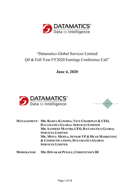 “Datamatics Global Services Limited Q4 & Full Year FY2020 Earnings Conference Call” June 4, 2020