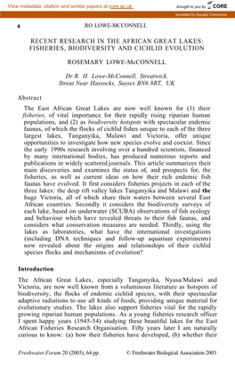 Recent Research in the African Great Lakes: Fisheries, Biodiversity and Cichlid Evolution