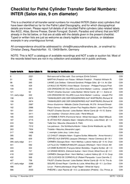 Checklist for Pathé Cylinder Transfer Serial Numbers: INTER (Salon Size, 9 Cm Diameter)