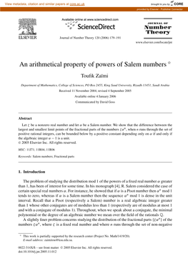 An Arithmetical Property of Powers of Salem Numbers ✩