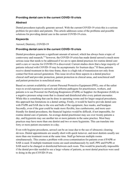 Providing Dental Care in the Current COVID-19 Crisis Abstract Dental Procedures Typically Generate Aerosol