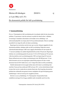 Motion Till Riksdagen 2010/11: Sj Av Lars Ohly M.Fl. (V) En Ekonomisk Politik För Full Sysselsättning