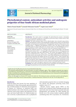 Phytochemical Content, Antioxidant Activities and Androgenic Properties of Four South African Medicinal Plants