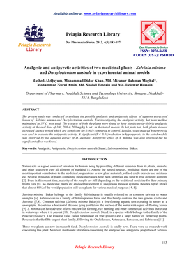 Analgesic and Antipyretic Activities of Two Medicinal Plants - Salvinia Minima and Dactyloctenium Australe in Experimental Animal Models