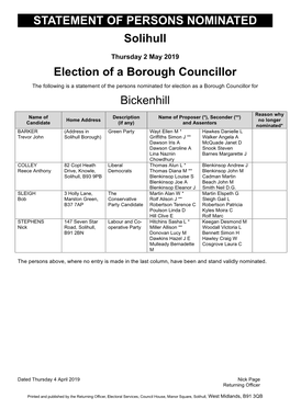 STATEMENT of PERSONS NOMINATED Solihull