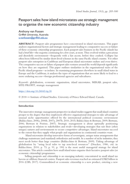 Passport Sales: How Island Microstates Use Strategic Management to Organise the New Economic Citizenship Industry