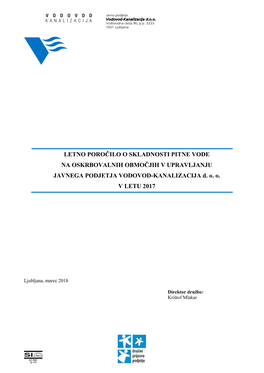 LETNO POROČILO O SKLADNOSTI PITNE VODE NA OSKRBOVALNIH OBMOČJIH V UPRAVLJANJU JAVNEGA PODJETJA VODOVOD-KANALIZACIJA D