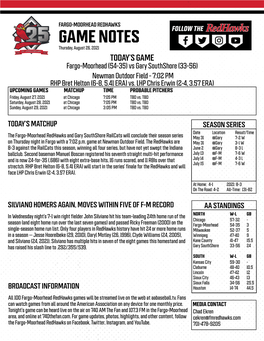 GAME NOTES Thursday, August 26, 2021 TODAY’S GAME Fargo-Moorhead (54-35) Vs Gary Southshore (33-56) Newman Outdoor Field - 7:02 PM RHP Bret Helton (6-8, 5.41 ERA) Vs