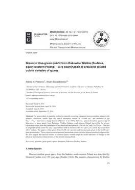 Green to Blue-Green Quartz from Rakowice Wielkie (Sudetes, South-Western Poland) – a Re-Examination of Prasiolite-Related Colour Varieties of Quartz