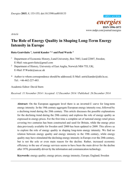 The Role of Energy Quality in Shaping Long-Term Energy Intensity in Europe