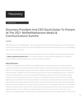 Discovery President and CEO David Zaslav to Present at the 2021 Mo�Ettnathanson Media & Communications Summit