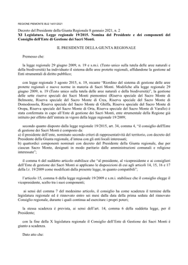 Decreto Del Presidente Della Giunta Regionale 8 Gennaio 2021, N. 2 XI Legislatura