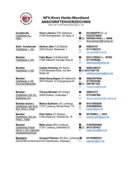 NFV-Kreis Heide-Wendland ANSCHRIFTENVERZEICHNIS Stand: 09.11.2018 (Letzte Änderungen in Rot !)