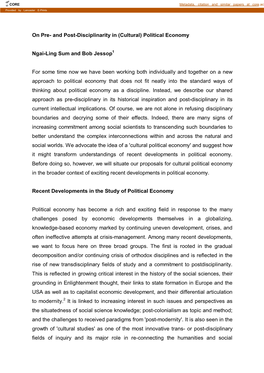 And Post-Disciplinarity in (Cultural) Political Economy Ngai-Ling Sum