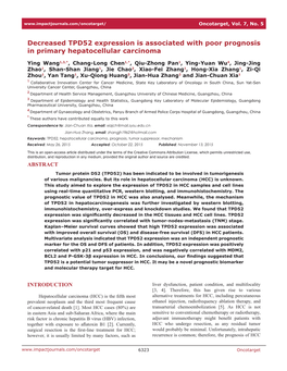 Decreased TPD52 Expression Is Associated with Poor Prognosis in Primary Hepatocellular Carcinoma