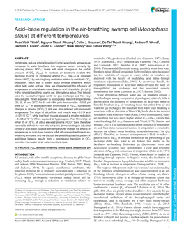 Acid–Base Regulation in the Air-Breathing Swamp Eel (Monopterus Albus) at Different Temperatures Phan Vinh Thinh1, Nguyen Thanh Phuong1, Colin J