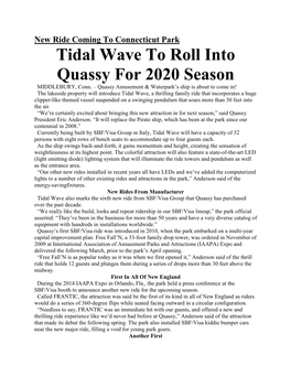 Tidal Wave to Roll Into Quassy for 2020 Season MIDDLEBURY, Conn