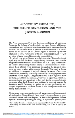 18Th-Century Price-Riots, the French Revolution and the Jacobin Maximum